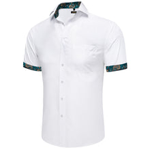 fashion white solid splicing teal green paisley silk mens white button up shirt short sleeve