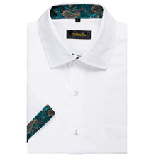 fashion white solid splicing teal green paisley short sleeve white shirt mens