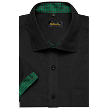 black solid splicing green plaid silk mens button down short sleeve shirt