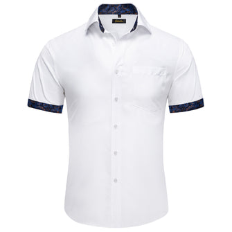 white solid splicing navy blue paisley silk mens short sleeve white dress shirt