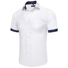 white solid splicing deep blue paisley silk short sleeve white shirt for men