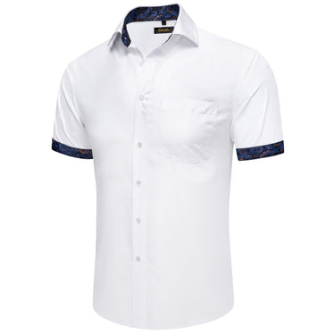 Dibangu White Blue Floral Panel Men's Slim Short Sleeve Shirt