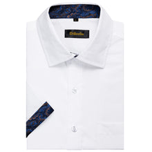 navy blue splicing solid white button down short sleeve shirt