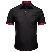 fashion business black solid splicing red plaid mens black short sleeve shirt