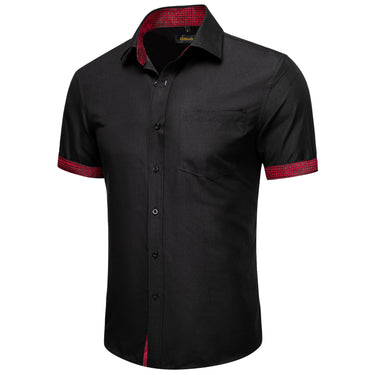 Dibangu Black Red Lattice Panel Men's Slim Short Sleeve Shirt