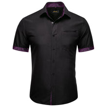 summer office business black solid splicing purple paisley silk slim short sleeve shirt men