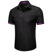 black solid splicing deep purple paisley slim silk short sleeve button down men