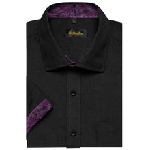 black solid purple floral splicing slim silk short sleeve collar shirt