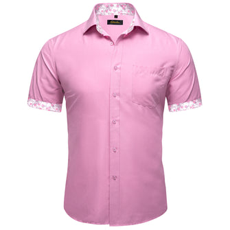 pink solid splicing grey floral silk Button Down men short shirts
