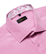deep pink solid splicing floral silk mens casual short sleeve button down shirt