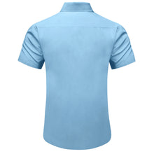 light blue solid splicing paisley silk men's short sleeve button up shirt