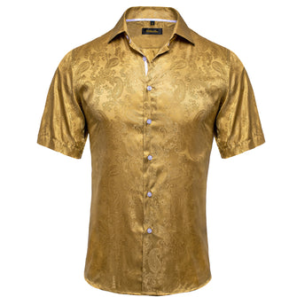 fashion gold yellow paisley men's button up shirts short sleeve shirts