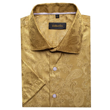 fashion paisley gold yellow silk slim men short sleeve shirt