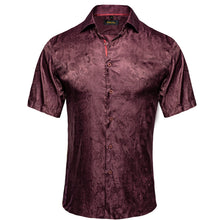 wedding shirt design wine red paisley silk mens short sleeve shirt