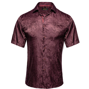 Dibangu Red Brown Paisley Men's Slim Short Sleeve Shirt