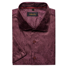 paisley wine red silk mens wedding short sleeve button down shirts