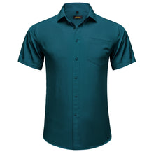 deep teal blue solid silk short sleeve button up men's shirt