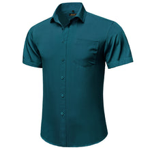 deep cyan solid silk short sleeve shirt for men