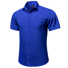 Blue Solid slim silk mens button-down shirts short sleeve