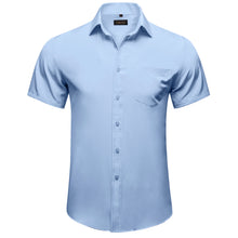 blue solid silk mens slim button up short sleeve shirt
