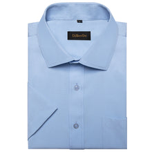 blue solid silk dress button up shirt short sleeve shirt for men