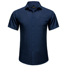 deep blue solid business silk short sleeve mens shirts