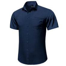 deep blue solid silk slim short sleeve mens dress shirts