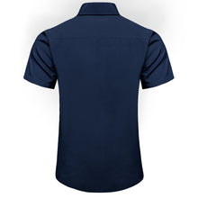 deep blue solid silk short sleeve men's button down shirts