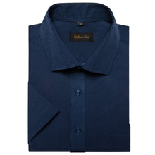 business deep blue solid slim silk mens short sleeve button up shirts