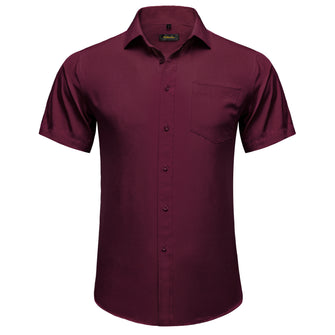 deep purple red solid silk short sleeve button down mens shirt
