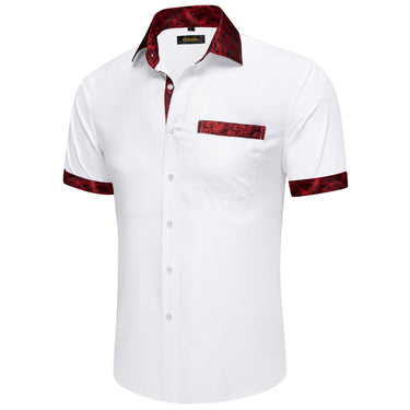 Dibangu White Red Floral Panel Men's Slim Short Sleeve Shirt