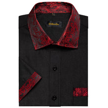 black solid red paisley silk mens short sleeve button down casual shirts