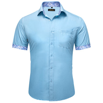 fashion splicing mens silk shirt blue short sleeve button up shirt
