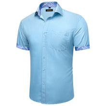 blue solid splicing paisley silk stylish men's short sleeve shirts
