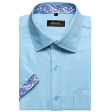 button down shirt short sleeve slim silk splicing mens blue shirt