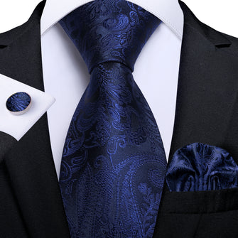 New Navy Blue Paisley Tie Handkerchief Cufflinks Set (4610490990673)