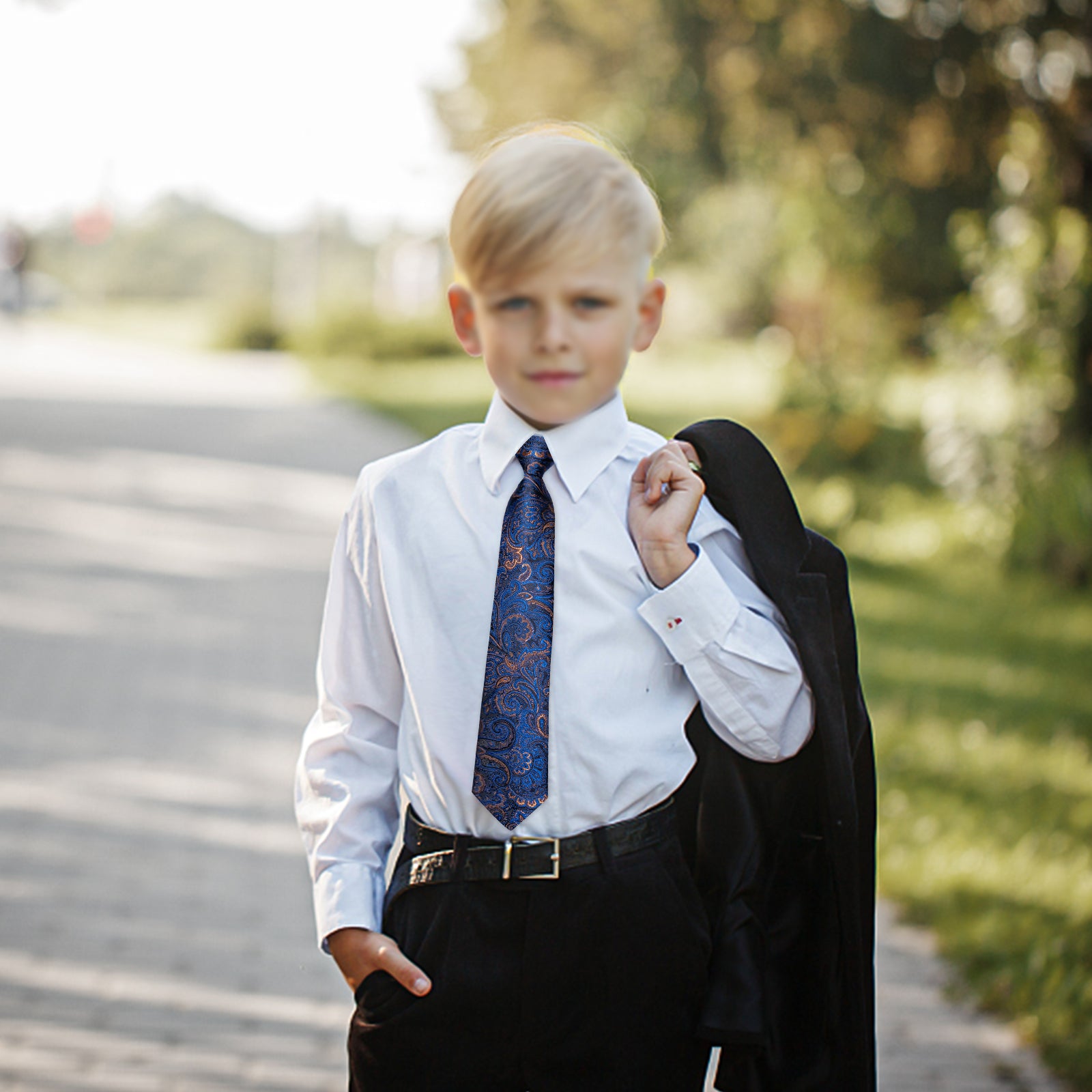 Blue Golden Floral Silk Kid's Tie Pocket Square Set