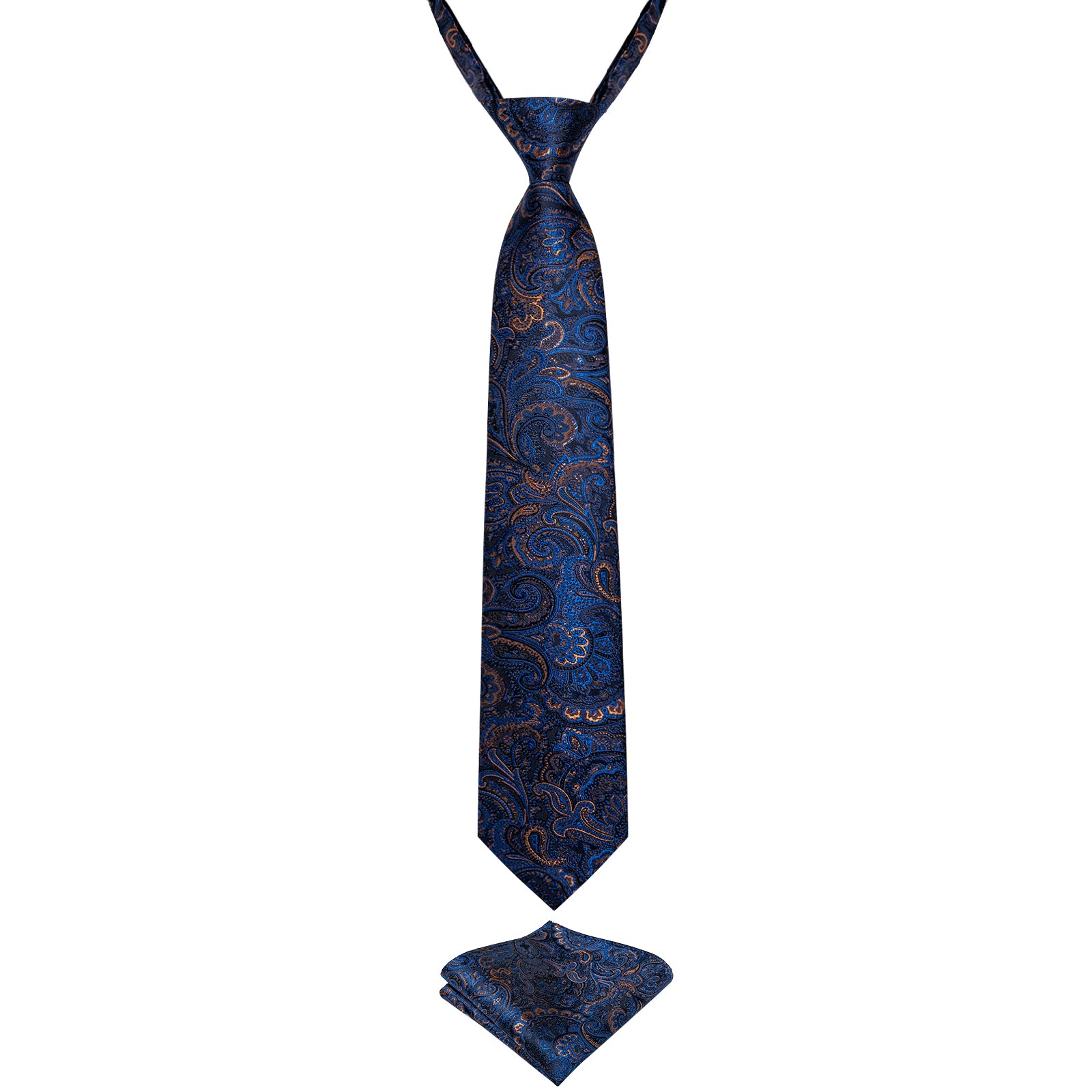 Blue Golden Floral Silk Kid's Tie Pocket Square Set