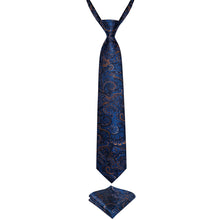 New Blue Golden Floral Silk Kid's Tie Pocket Square Set