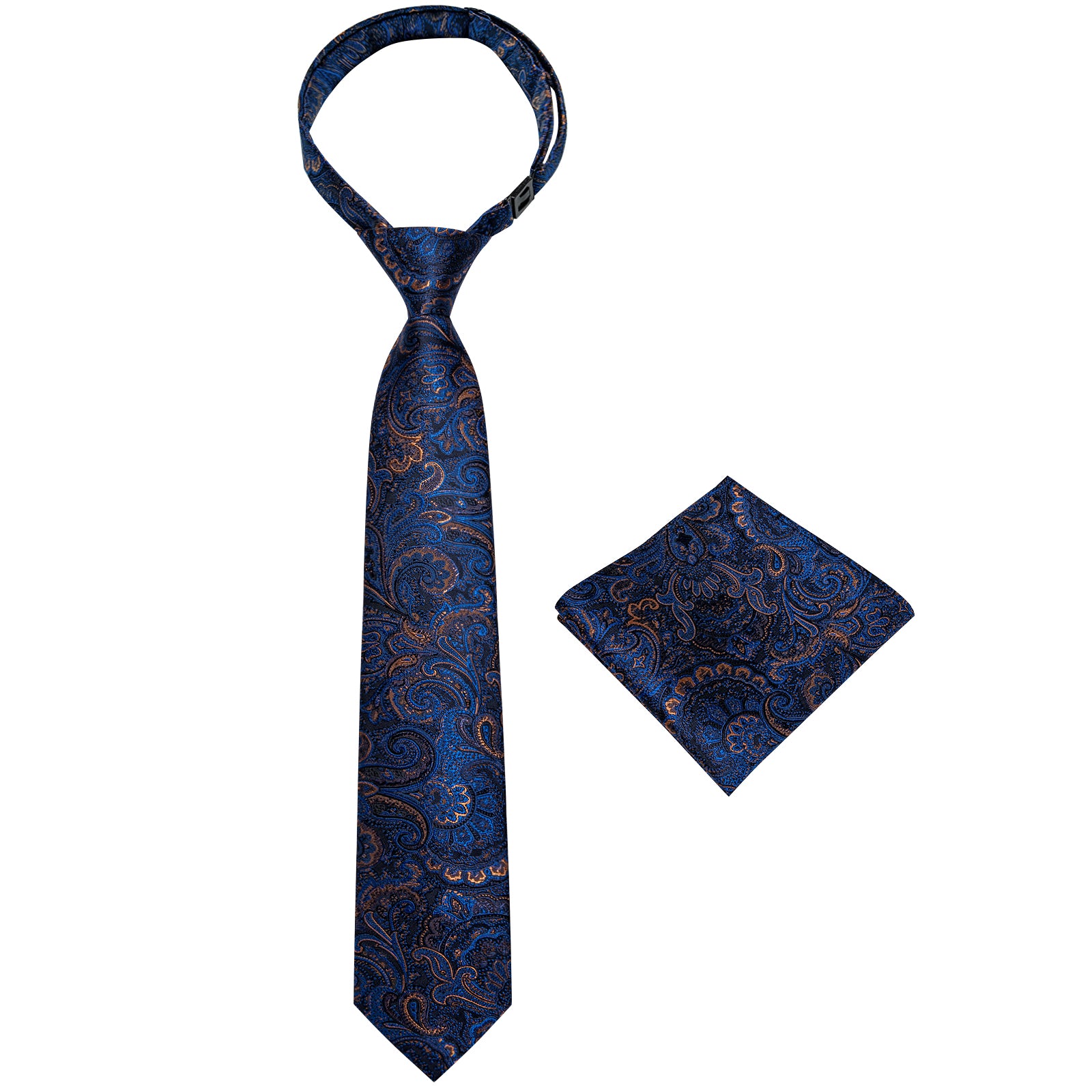 Blue Golden Floral Silk Kid's Tie Pocket Square Set