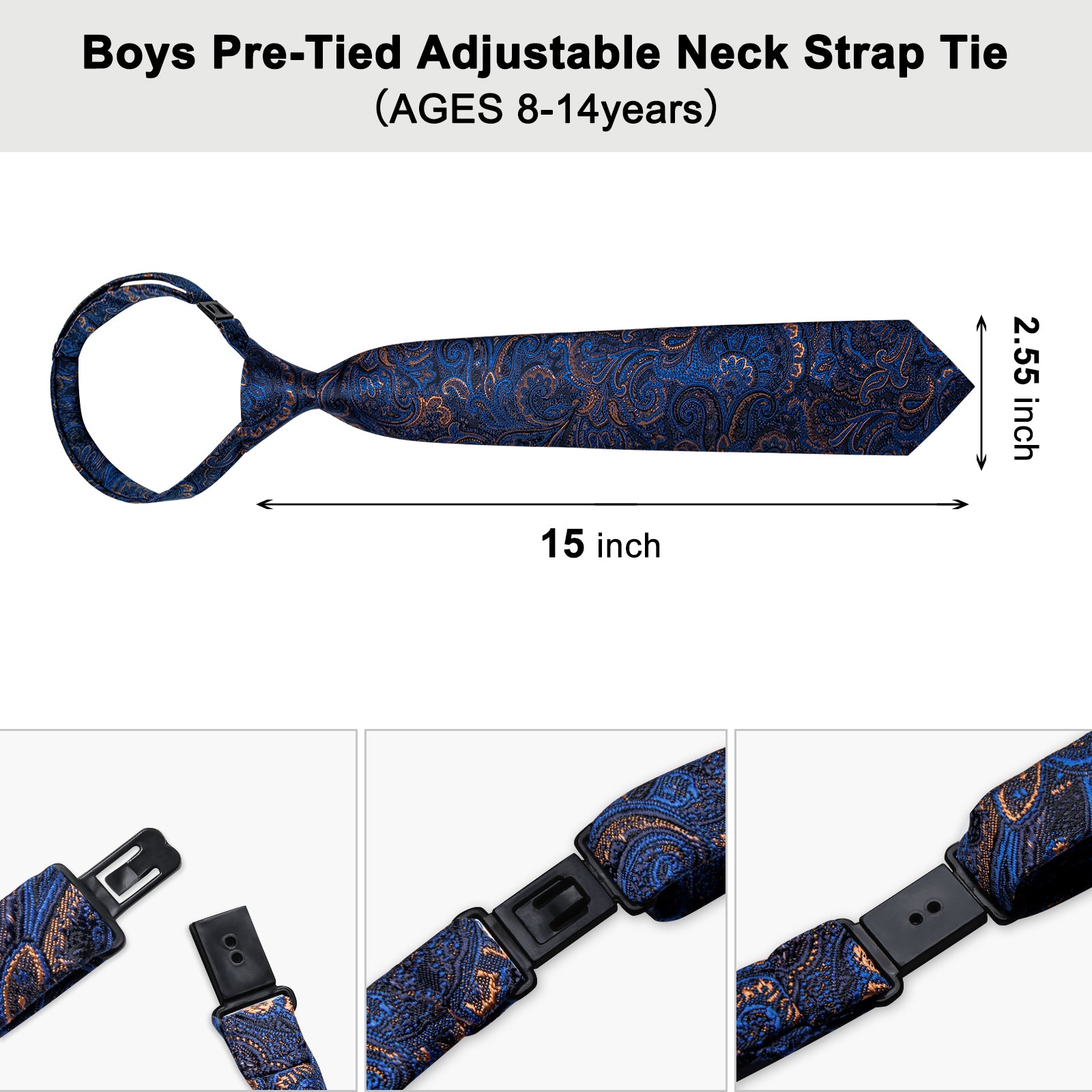 Blue Golden Floral Silk Kid's Tie Pocket Square Set