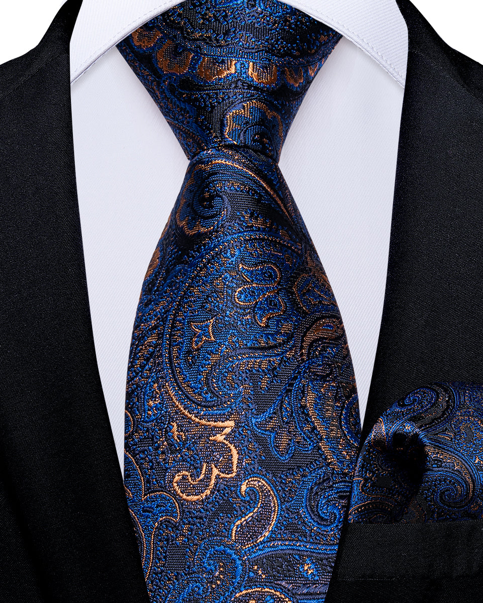 Blue Golden Floral Silk Kid's Tie Pocket Square Set