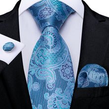 Teal Blue Paisley Men's Tie Handkerchief Cufflinks Clip Set