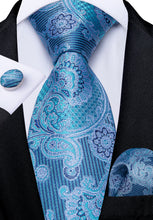 Teal Blue Paisley Men's Tie Handkerchief Cufflinks Clip Set
