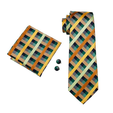 Green Yellow Plaid Men's Tie Pocket Square Cufflinks Set (1909745188906)