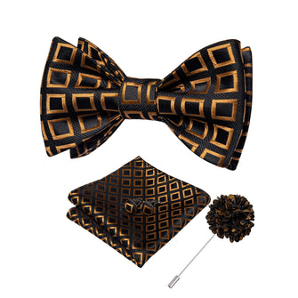 Black Golden Plaid Silk Self-Bowtie Pocket Square Cufflinks Set With Brooch