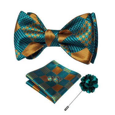 Blue Brown Silk Self-Bowtie Pocket Square Cufflinks Set With Brooch