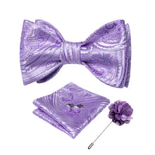 Purple Floral Silk Self-Bowtie Pocket Square Cufflinks Set With Brooch