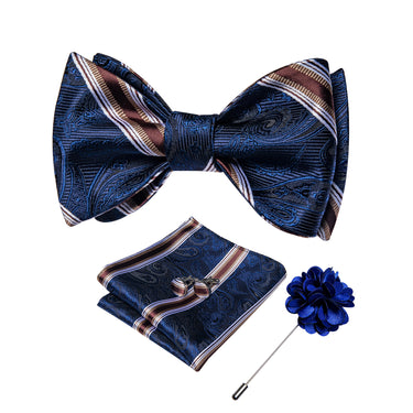 Blue Brown Striped Silk Self-Bowtie Pocket Square Cufflinks Set With Brooch