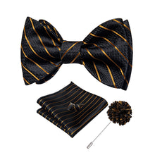 Black Golden Striped Silk Self-Bowtie Pocket Square Cufflinks Set With Brooch